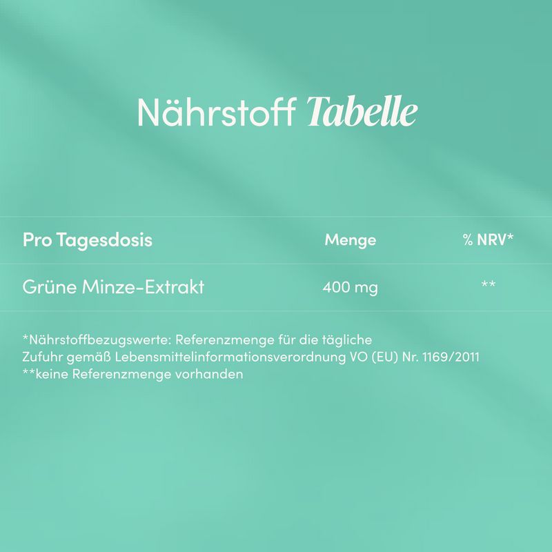 Nährwerttabelle: Grüne Minze Extrakt 400 mg pro Tagesdosis.