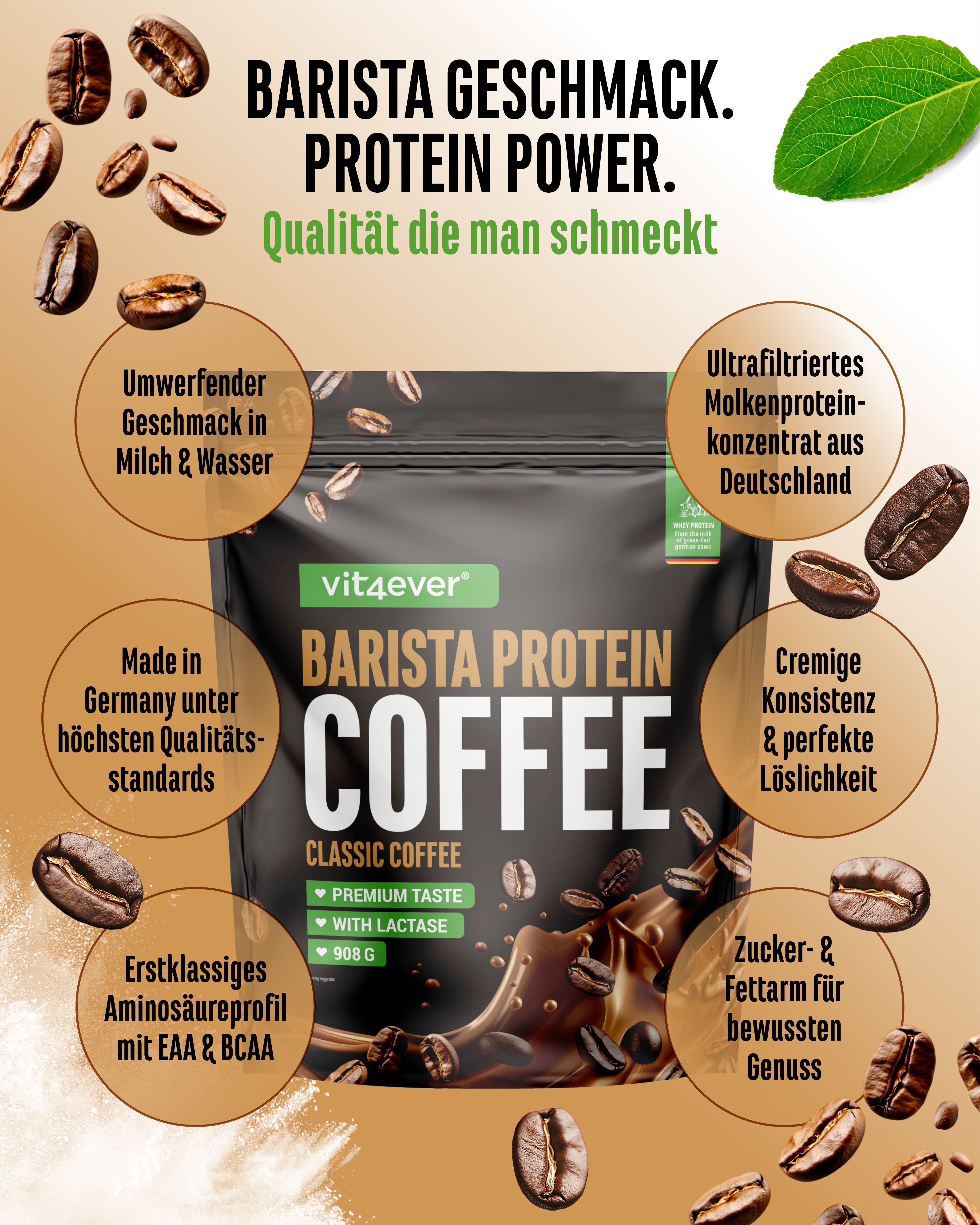 Verpackung "vit4ever Barista Protein Coffee". Enthält Informationen zu Geschmack, Inhaltsstoffen und Qualität. Mit Kaffeebohnen.