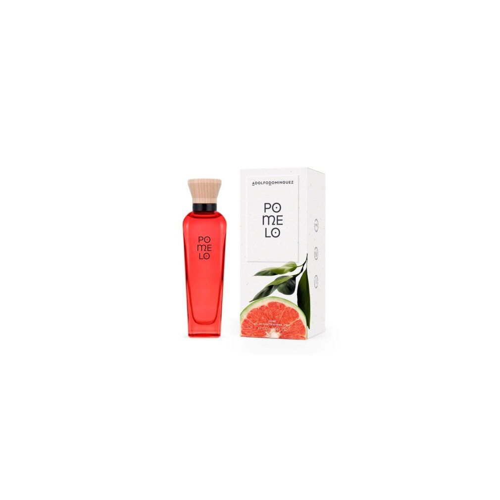 Rote Flasche mit Holzverschluss und weißer Verpackung. Aufschrift: POMELO. Abbildung einer Grapefruit.