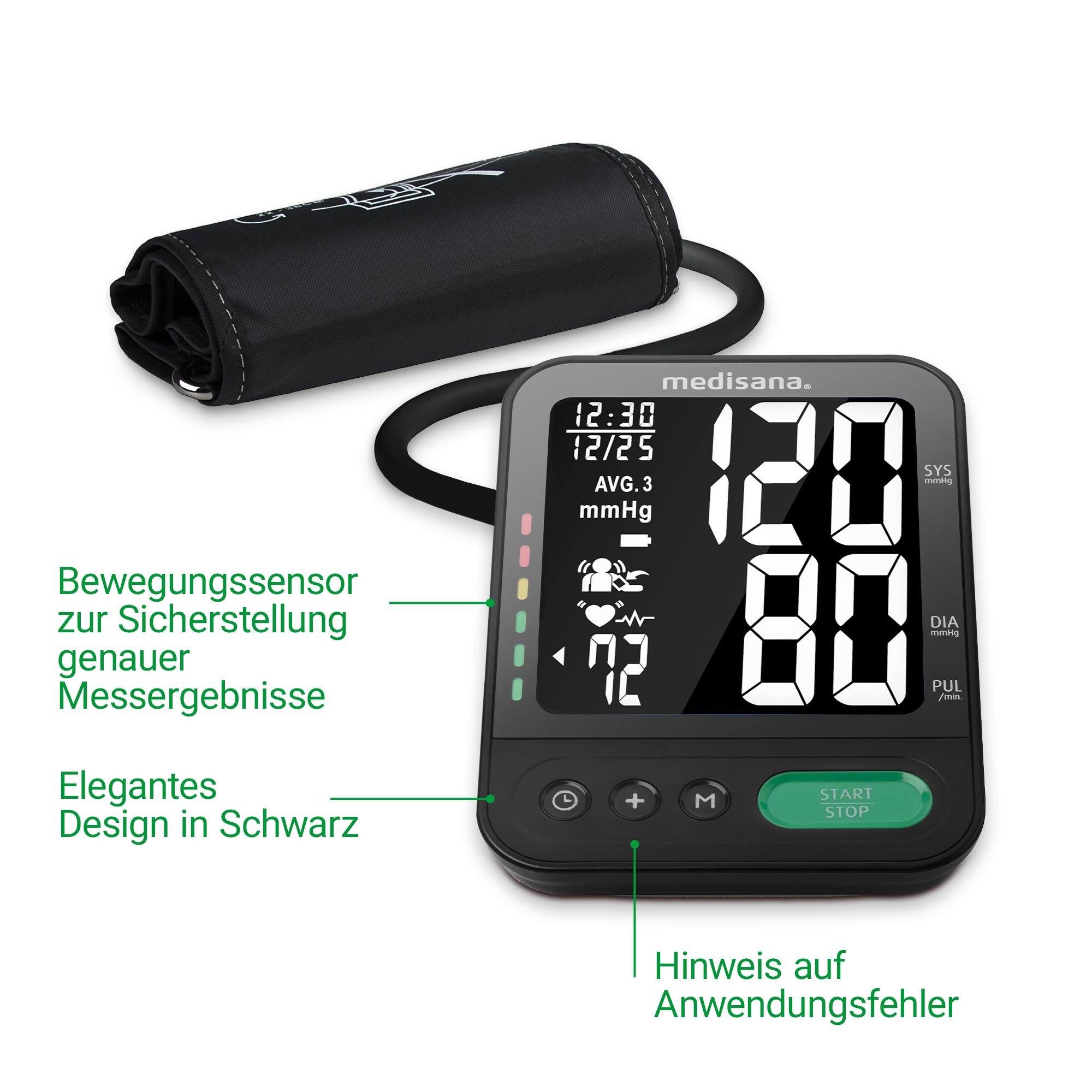 Medisana Oberarm-Blutdruckmessgerät in Schwarz. Mit Bewegungssensor und Anzeige für Anwendungsfehler.