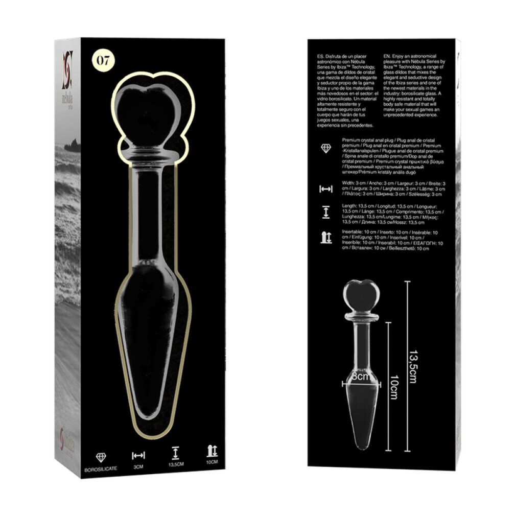 Glas-Analplug mit Herzgriff, 13,5cm lang, 3cm breit. Verpackung mit Produktabbildung.