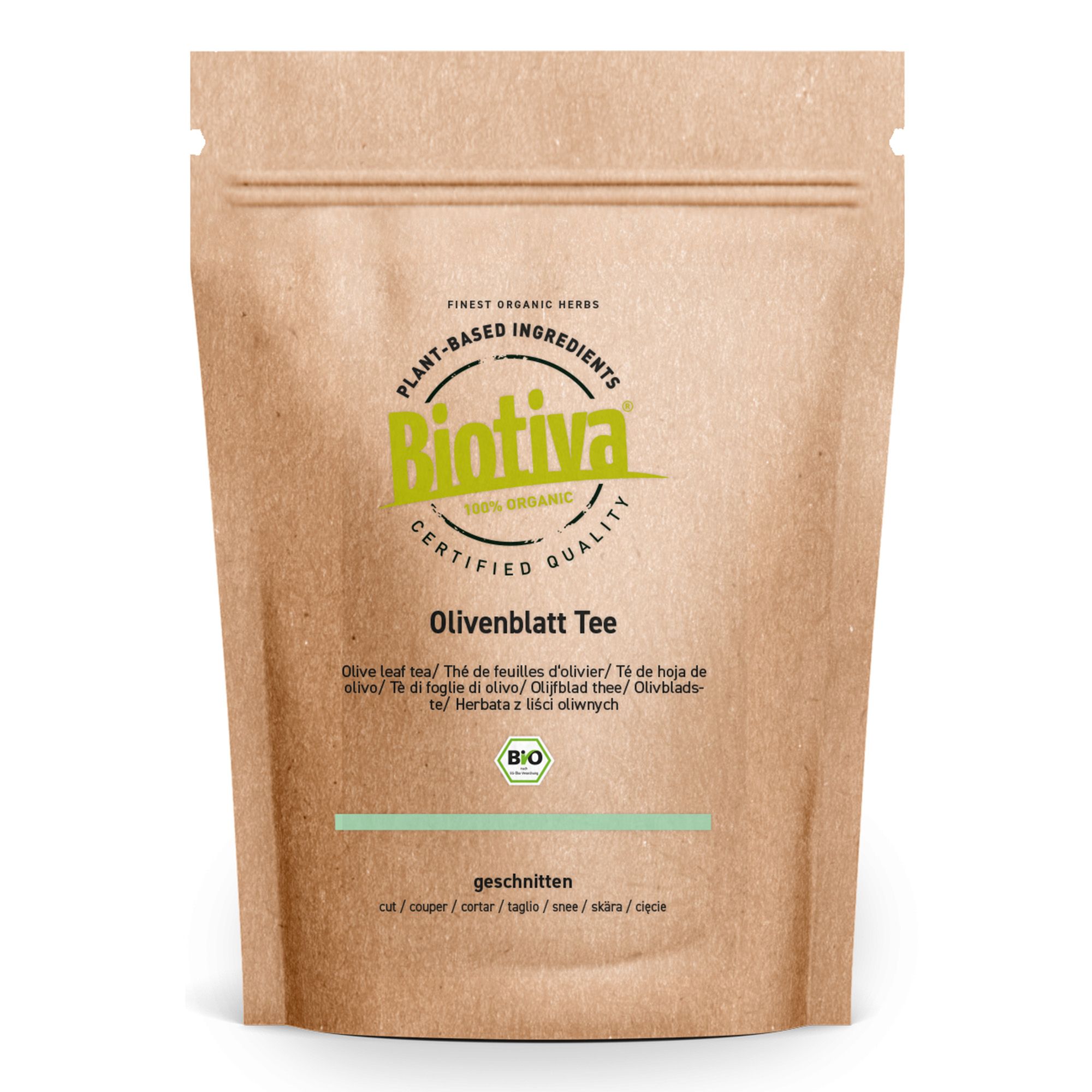 Braune Papierverpackung mit Biotiva Olivenblatt Tee. Text: Olivenblatt Tee, geschnitten, Bio-Siegel.