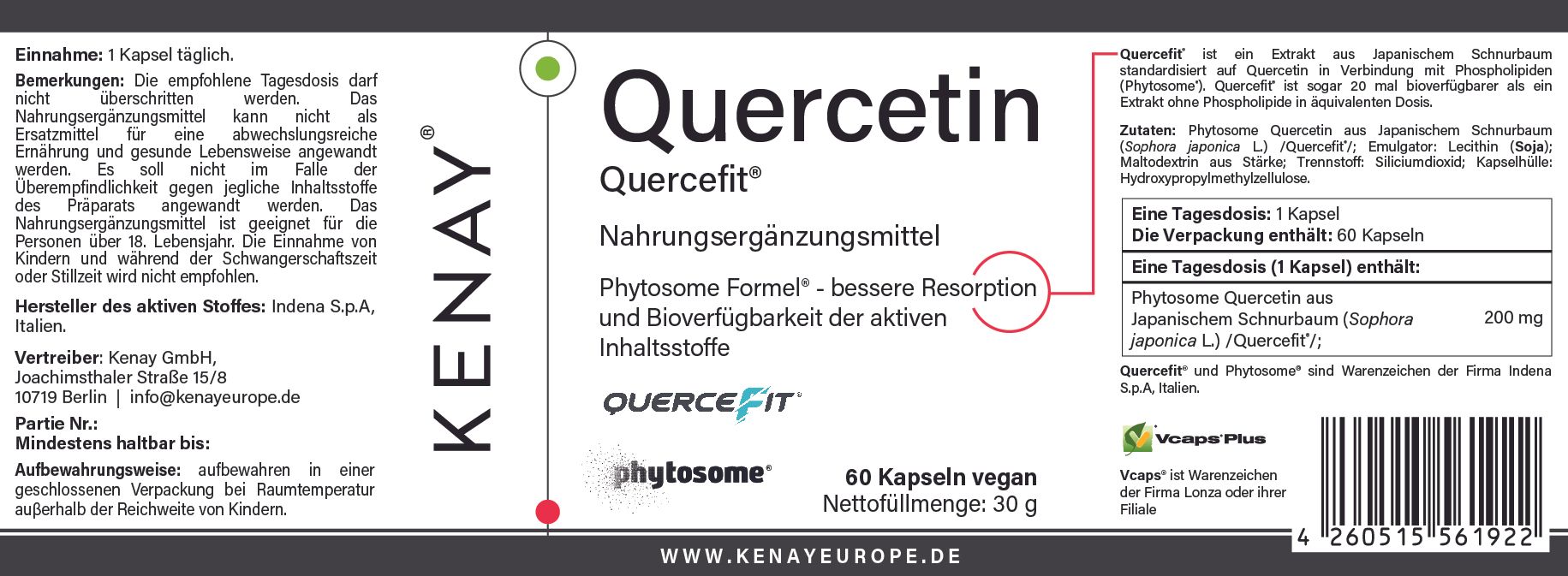 Weißes Etikett mit Text. Aufschrift: Quercetin Quercefit, Nahrungsergänzungsmittel, 60 Kapseln vegan. Enthält 200mg Quercetin.