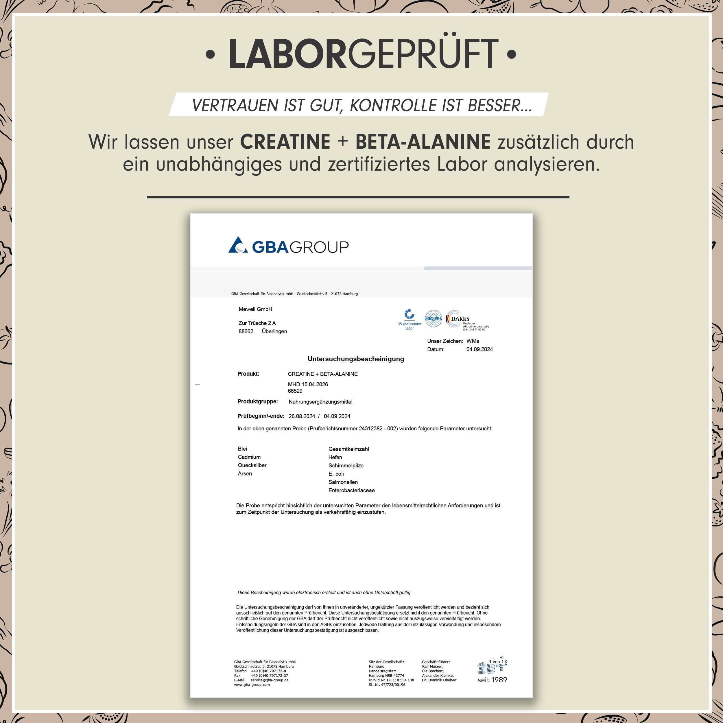 Laborbericht. Zertifizierter Bericht über Creatine + Beta-Alanine. Enthält Informationen zu Analyseergebnissen und Zertifizierungen.
