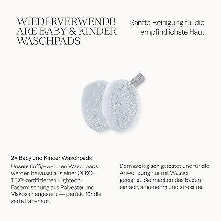 Zwei hellblaue Waschpads. Text: 2x Baby und Kinder Waschpads, dermatologisch getestet, für empfindliche Haut.