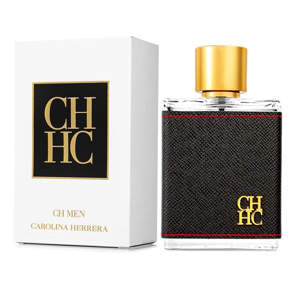 Eau de Toilette-Flakon mit schwarzem Lederimitat, roter Naht und goldenem Verschluss. Weiße Verpackung mit Logo und Schriftzug.