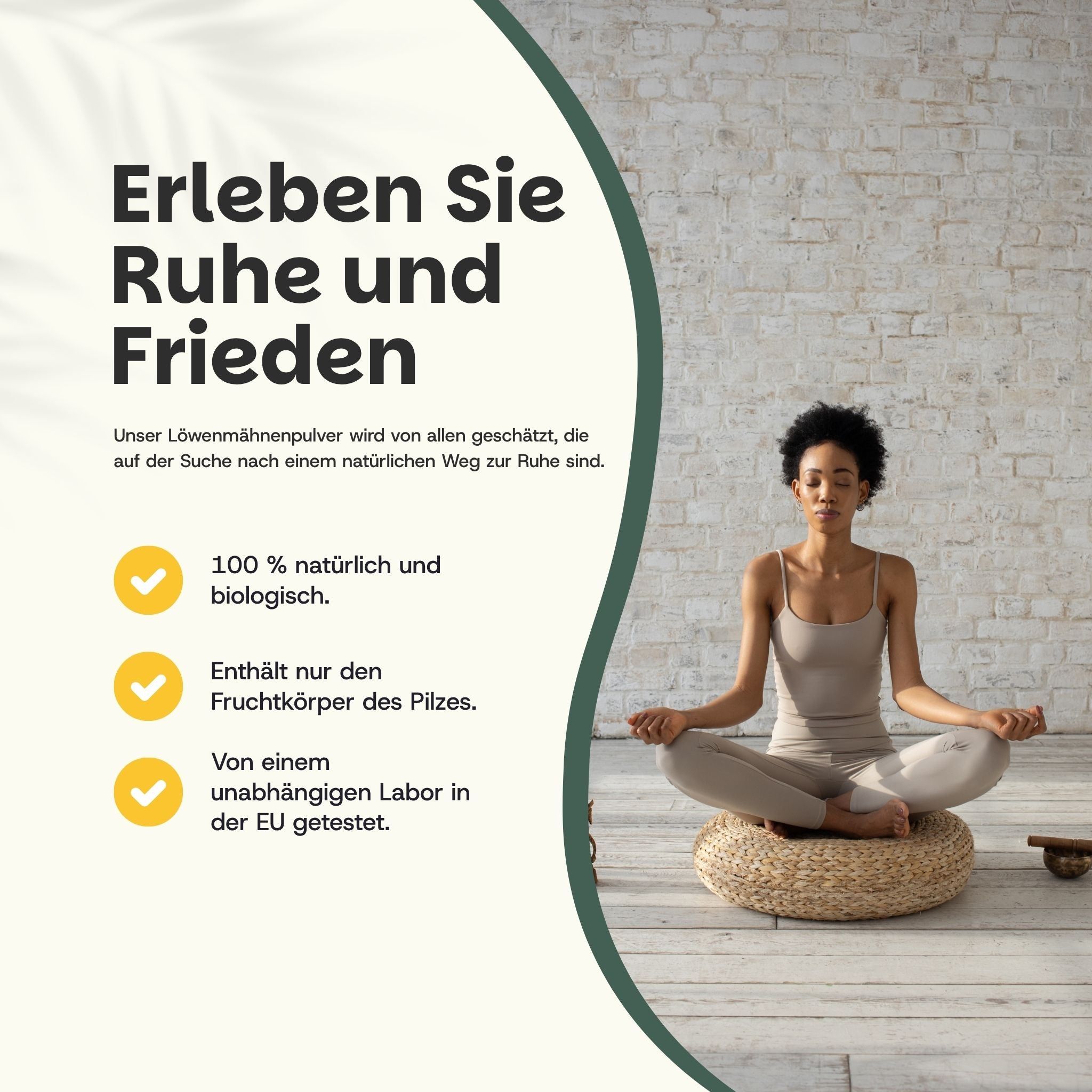 Werbung mit Text und Frau in Yoga-Pose. Text: Erleben Sie Ruhe und Frieden. 100% natürlich und biologisch.