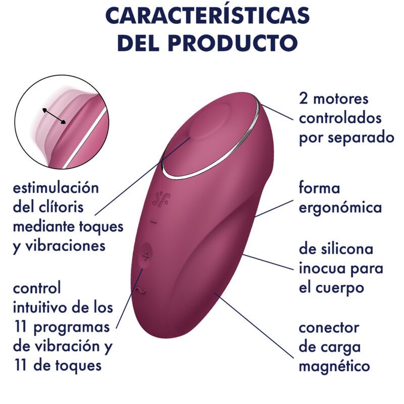 Produkt mit Text: 'CARACTERÍSTICAS DEL PRODUCTO'. Illustrationen und Text in Spanisch. SF-Logo.