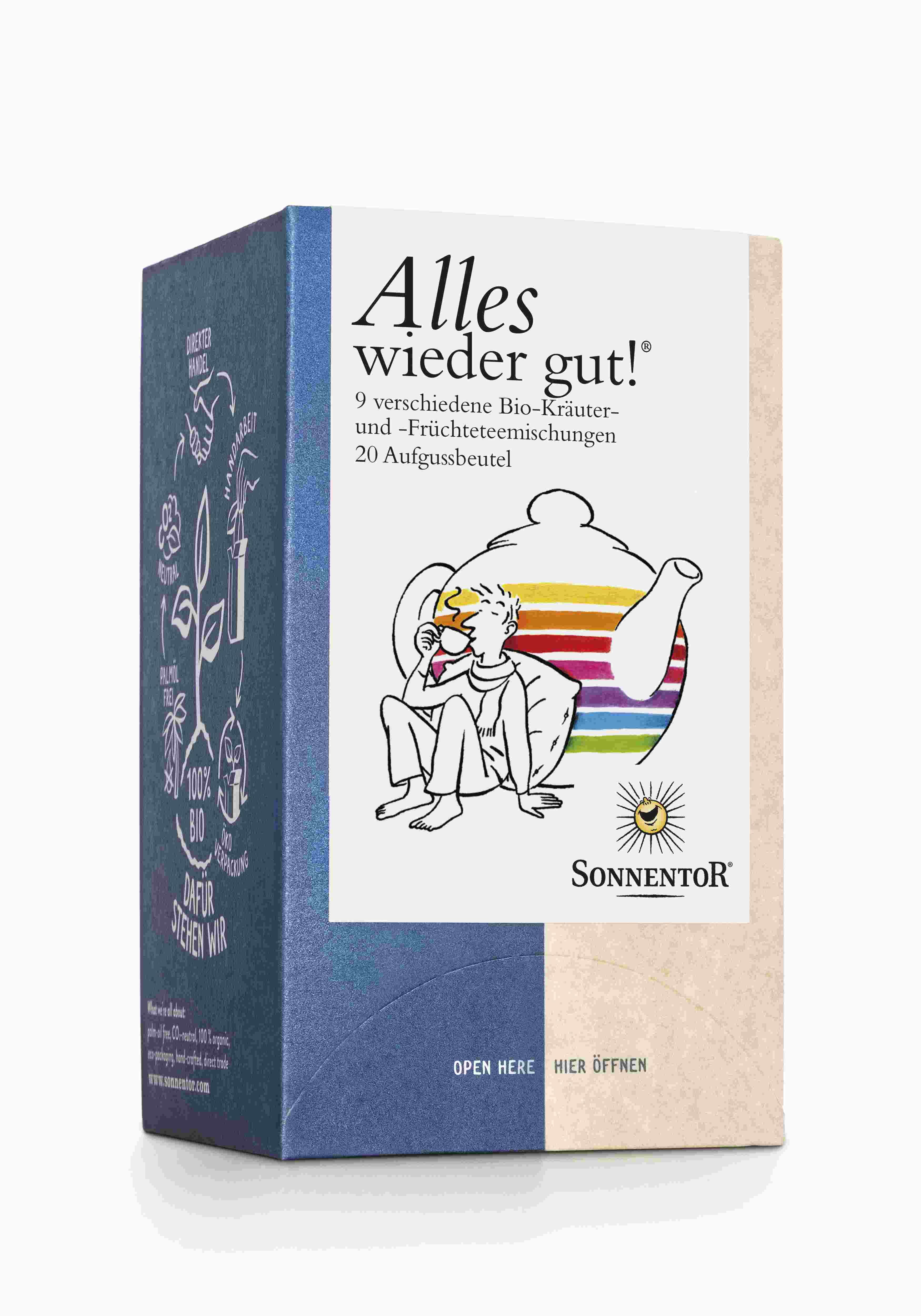 Karton mit Aufschrift "Alles wieder gut!". Enthält 9 Bio-Kräuter- und Früchteteemischungen, 20 Aufgussbeutel. Marke: SonnentoR.