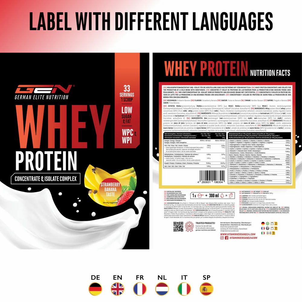 GEN Whey Protein Komplex Verpackung mit verschiedenen Sprachversionen. Enthält Informationen in Deutsch, Englisch, Französisch, Niederländisch, Italienisch und Spanisch.