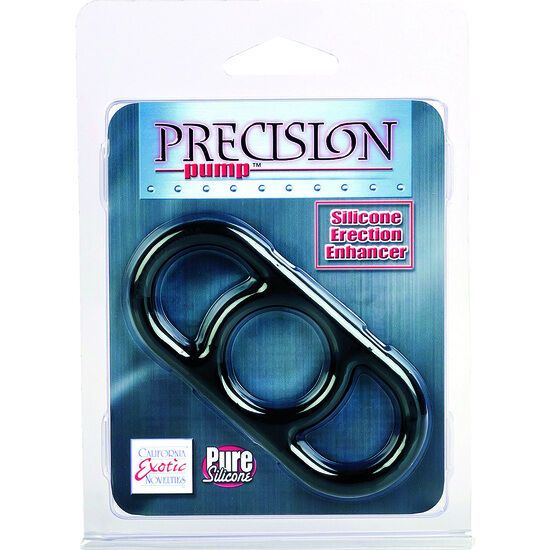Schwarzer Silikon-Erektionsring in Verpackung. "Precision Pump" und "Pure Silicone" sind sichtbar.