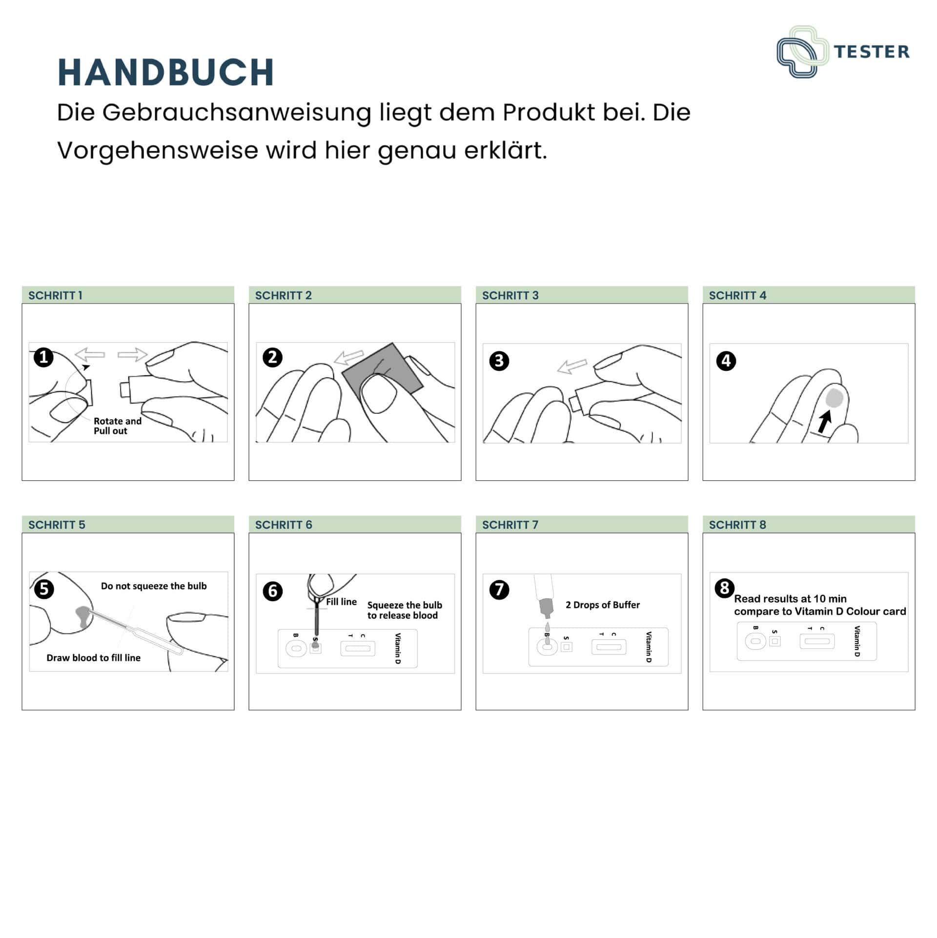 Handbuch für einen Vitamin D Selbsttest in 8 Schritten. Zeigt Blutentnahme und Testdurchführung.