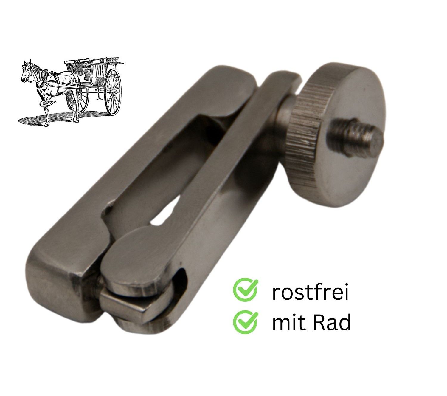 Metall-Leinenklemme mit Schraube. Rostfrei, mit Rad.