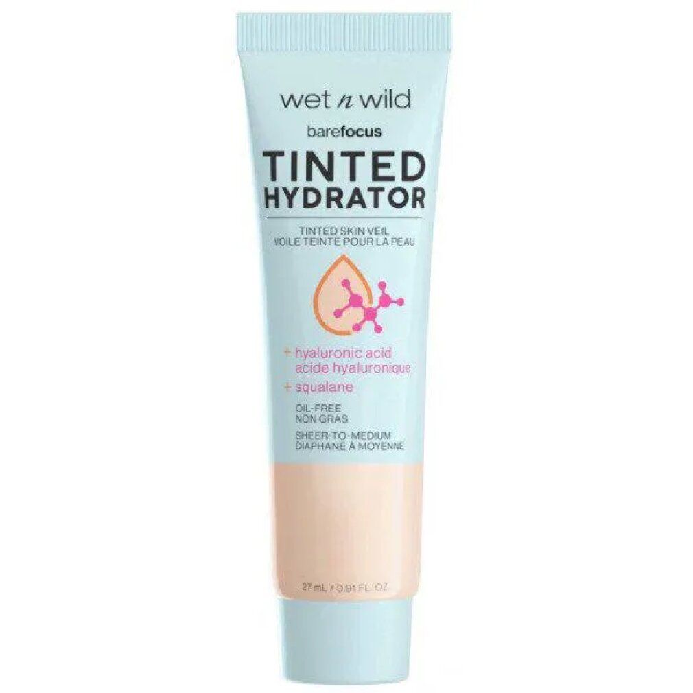 Tube mit getönter Feuchtigkeitspflege. Marke Wet n Wild. Text: Tinted Hydrator, Hyaluronsäure, ölfrei. 27 ml.