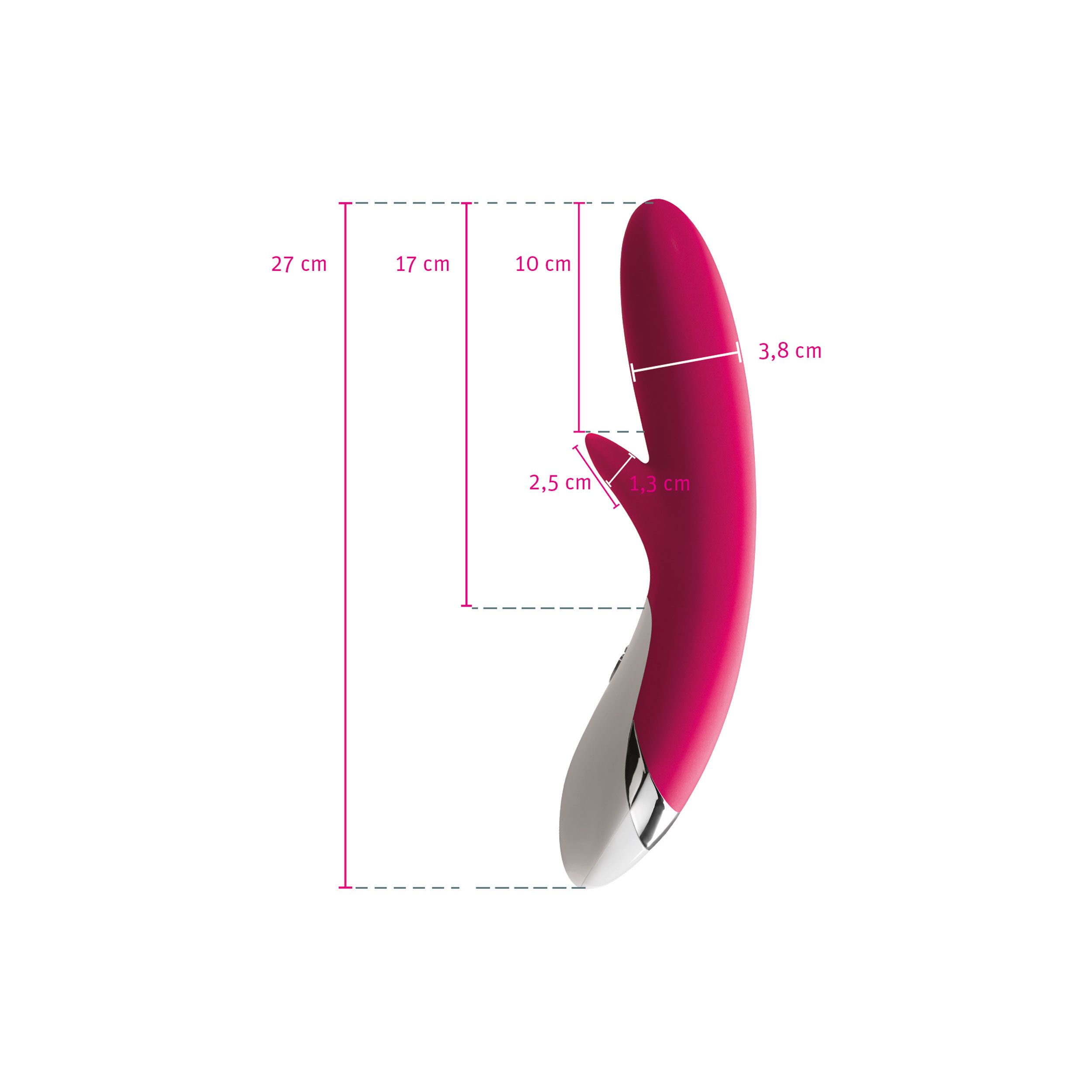 Pinkfarbenes Wellness-Produkt mit Maßangaben. Abmessungen: 27 cm, 17 cm, 10 cm, 3,8 cm, 2,5 cm.