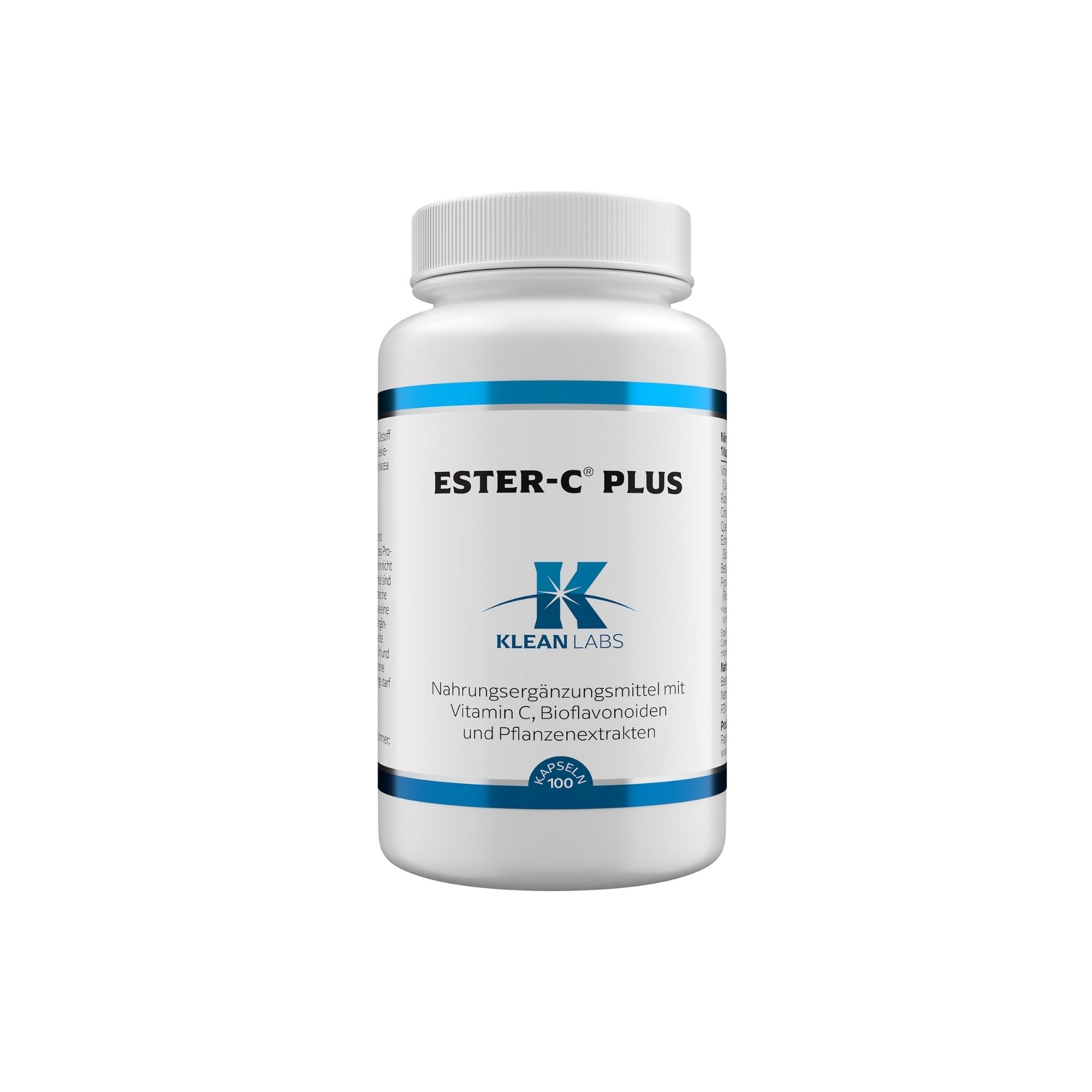 Weiße Flasche mit blauem Streifen. Aufschrift: ESTER-C PLUS, Klean Labs Logo. Enthält 100 Kapseln.