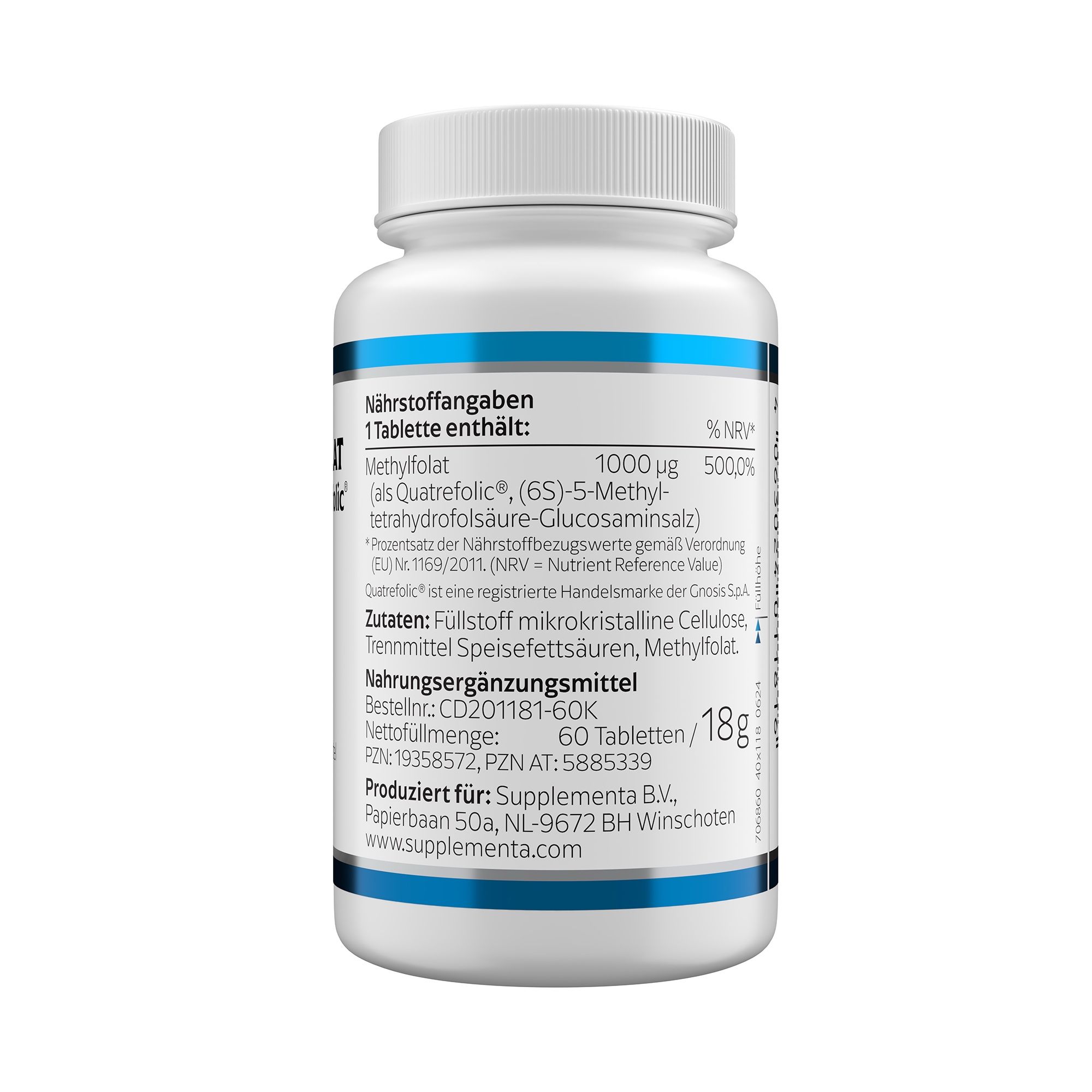 Rückseite einer weißen Flasche. Aufschrift: Nährstoffangaben, Methylfolat, 1000 µg. Zutatenliste. 60 Tabletten/18g. Herstellerinformationen.