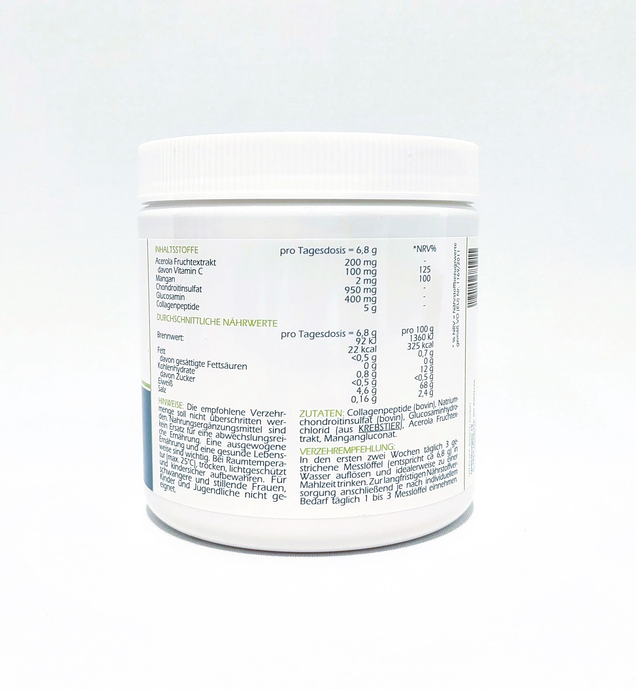 Rückseite des weißen Supplement-Behälters. Enthält Nährwertangaben und Zutaten. Text in deutscher Sprache. Weißer Deckel.