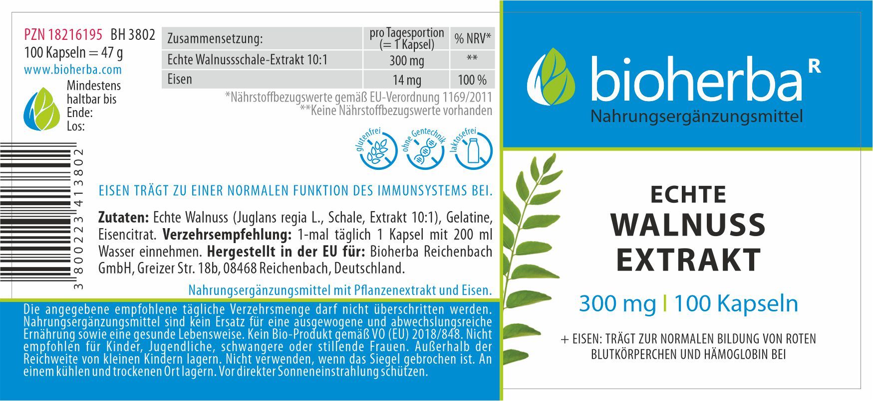 Etikett mit Produktinformationen. Echte Walnuss Extrakt, 300 mg, 100 Kapseln. Bioherba Logo. Zutaten, Verzehrempfehlung.