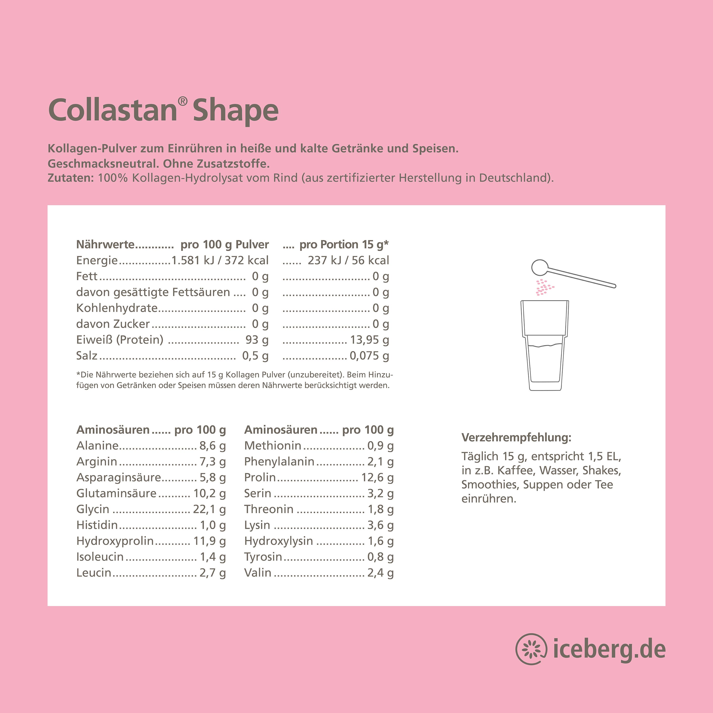 Nährwerttabelle auf rosa Hintergrund. Enthält Informationen zu Inhaltsstoffen und Nährwerten pro Portion und 100g.