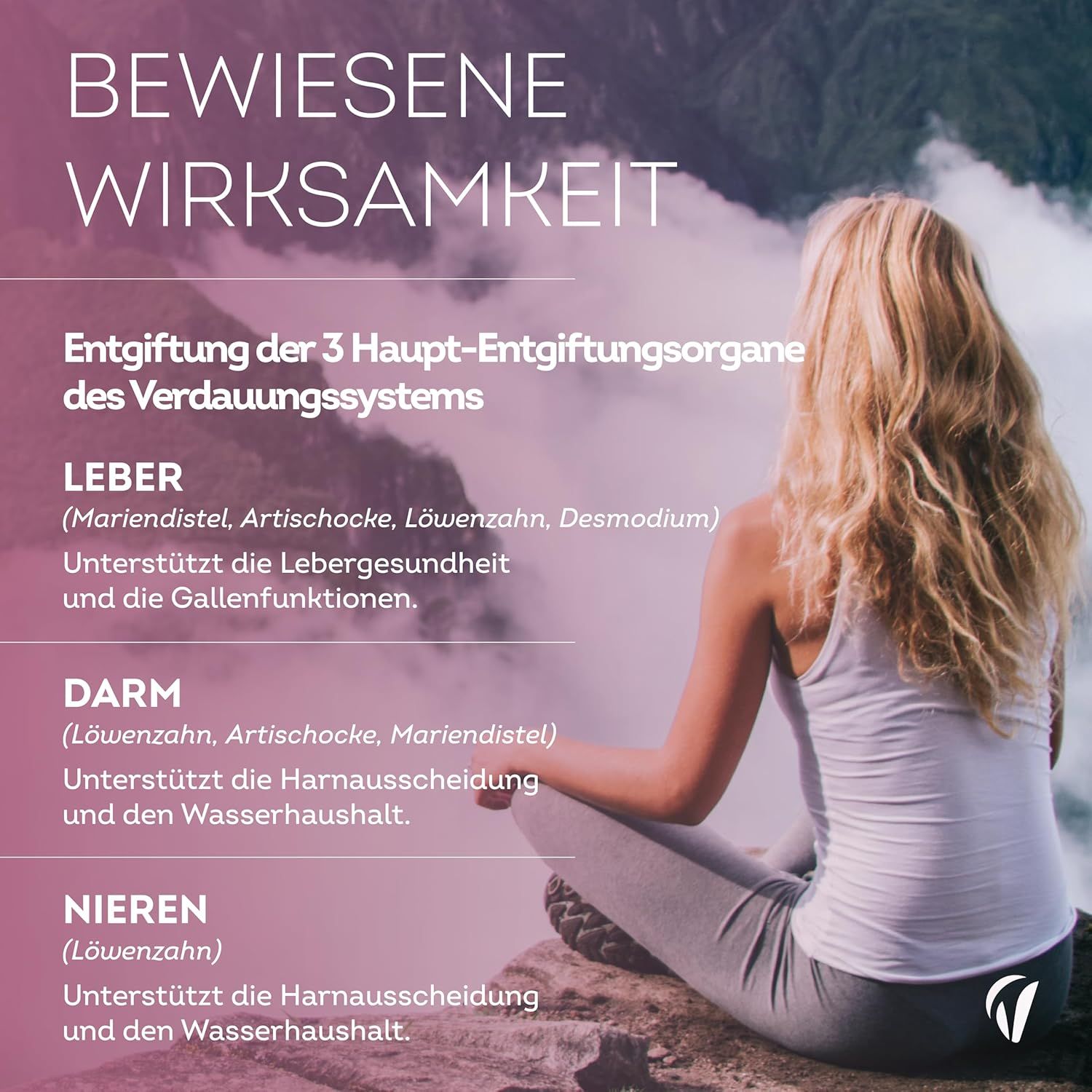 Frau sitzt im Freien. Text: Entgiftung des Verdauungssystems. Leber, Darm, Nieren. Logo Vitavea.