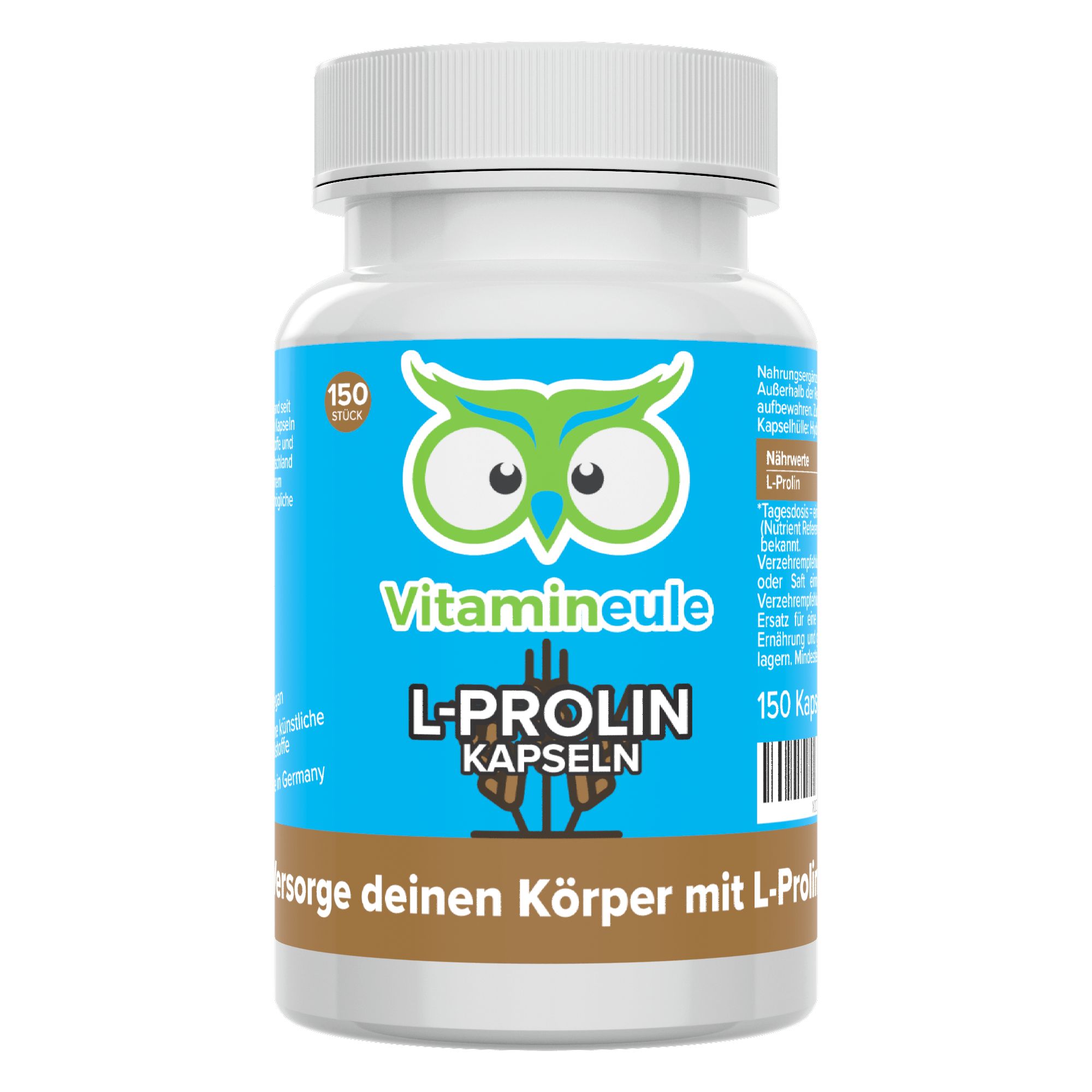 L-Prolin Kapseln, 150 Stück. Weiße Dose mit blauem Etikett. Logo: Eule. Text: Vitamineule, L-Prolin Kapseln. Versorge deinen Körper mit L-Prolin!