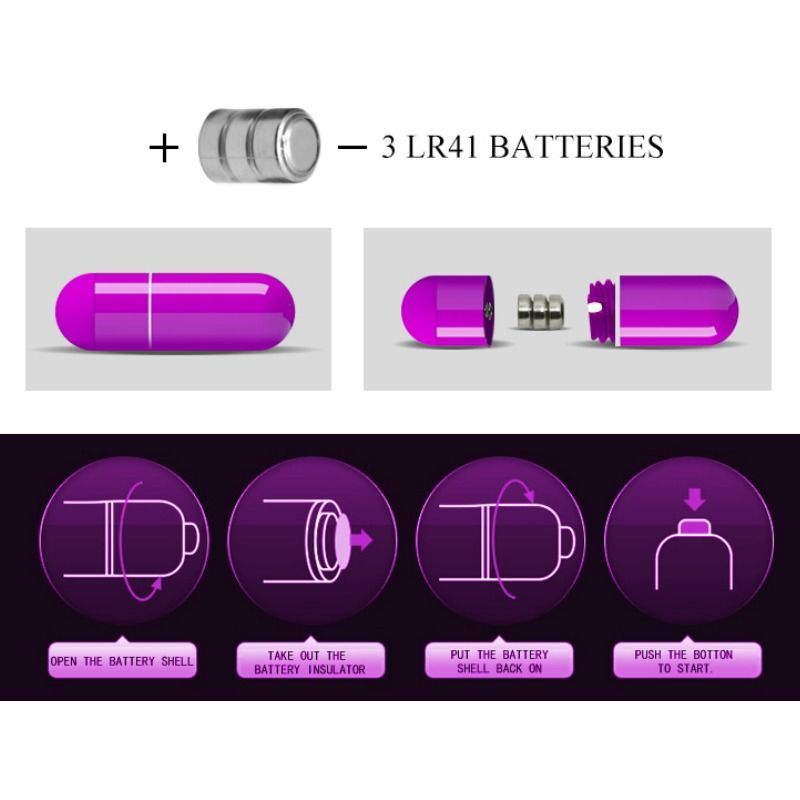 Produkt und Batterien. Produkt in pink. Batterien und Anweisungen zum Einlegen.