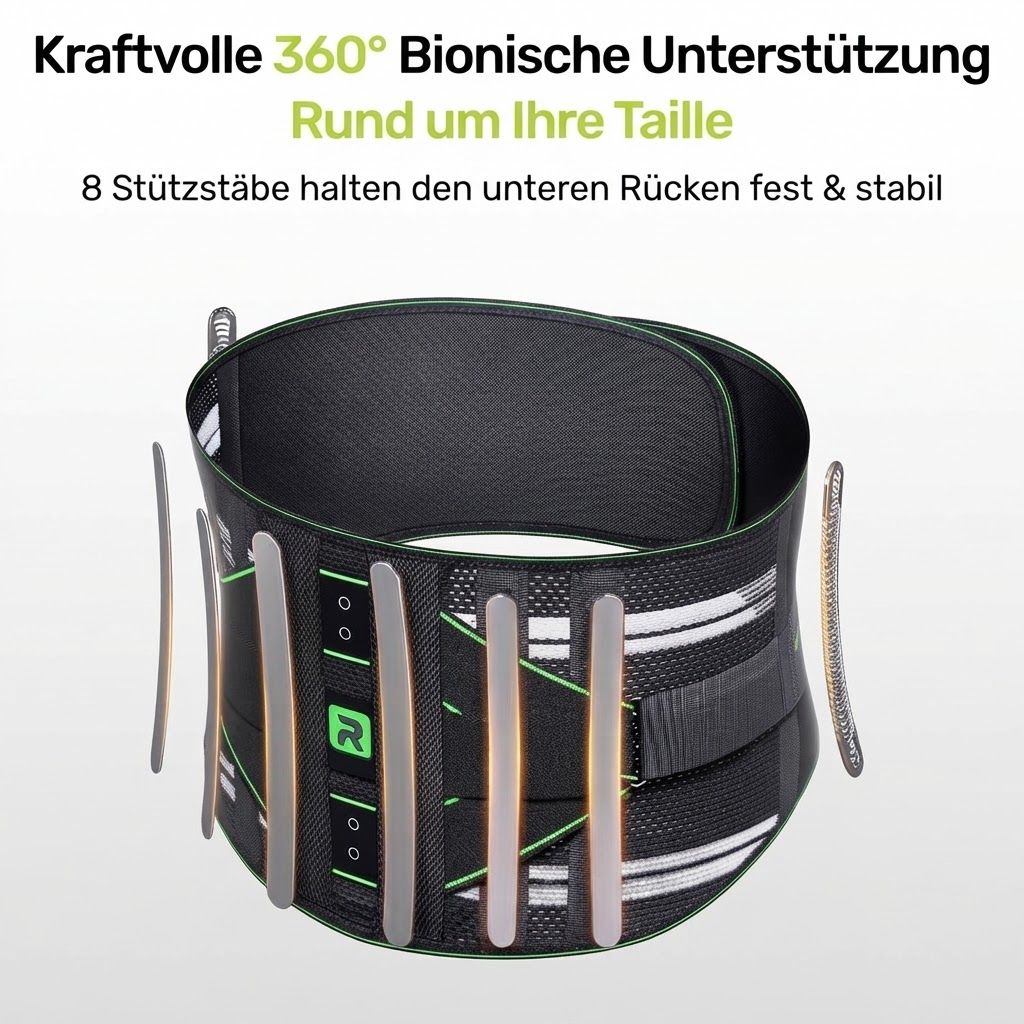 Schwarzer Rückenstützgurt mit 8 flexiblen Stäben und atmungsaktivem Netzmaterial.