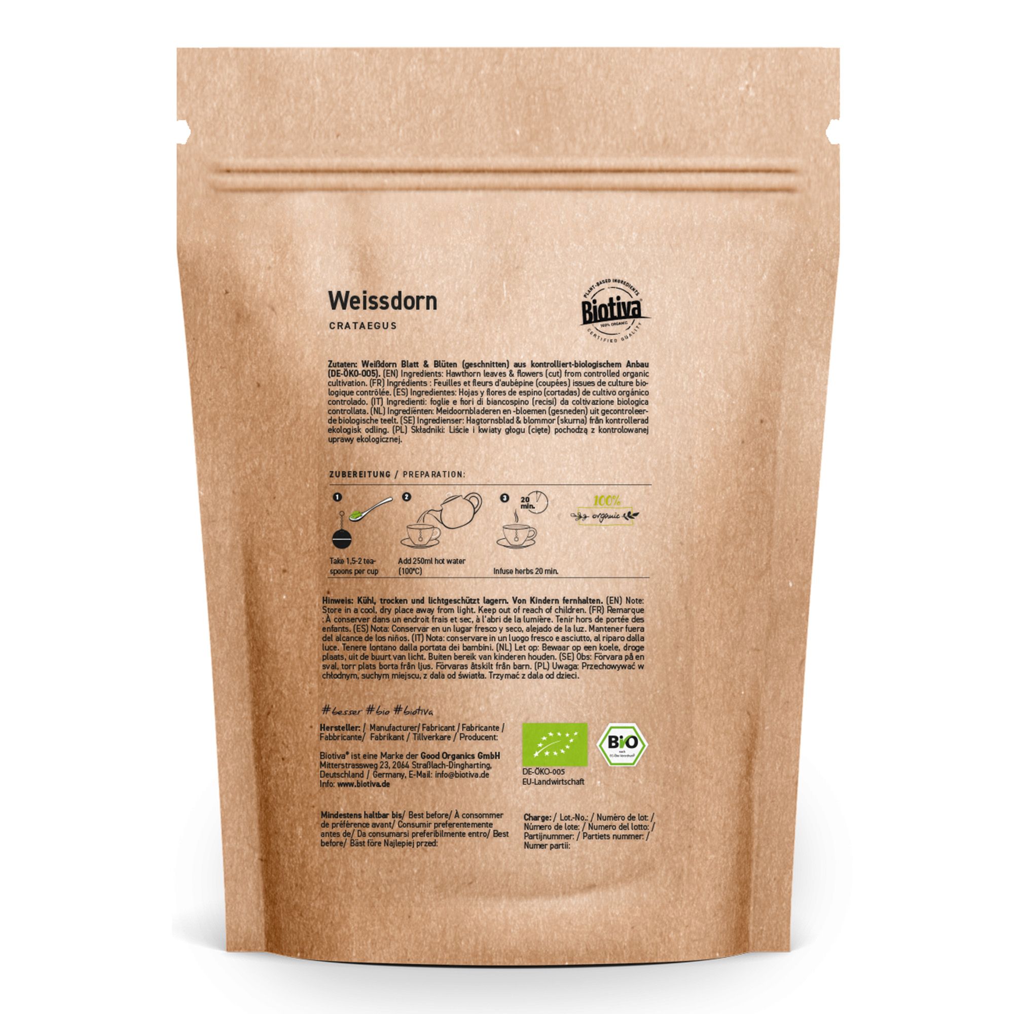 Rückseite der Papierverpackung mit Text: Weißdorn. Biotiva-Logo. Zubereitungshinweise. Bio-Siegel.