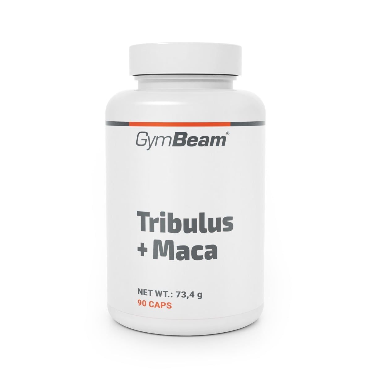 GymBeam Tribulus + Maca Kapseln: Weiße Dose mit rotem und schwarzem Logo. Enthält 90 Kapseln.