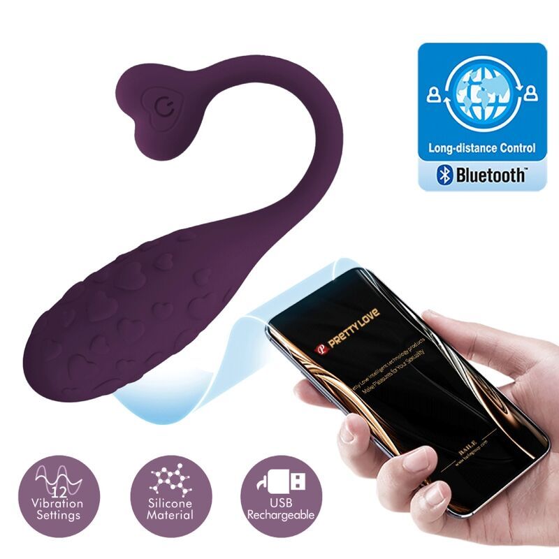 Lila Vibrator mit Herz-Applikationen, Herzspitze mit Knopf, App-Steuerung, Bluetooth, 12 Vibrationsmodi, Silikon, USB-aufladbar.