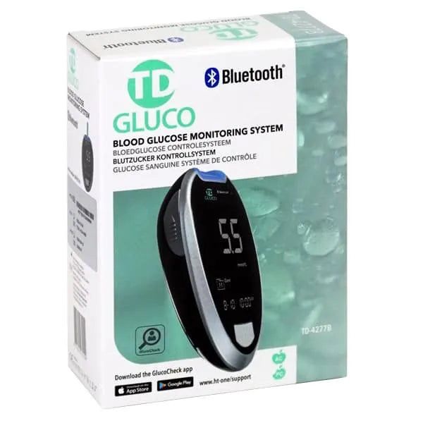 Verpackung eines Blutzuckermessgeräts mit Anzeige des Geräts und Bluetooth-Symbol. Enthält mehrere Sprachen.