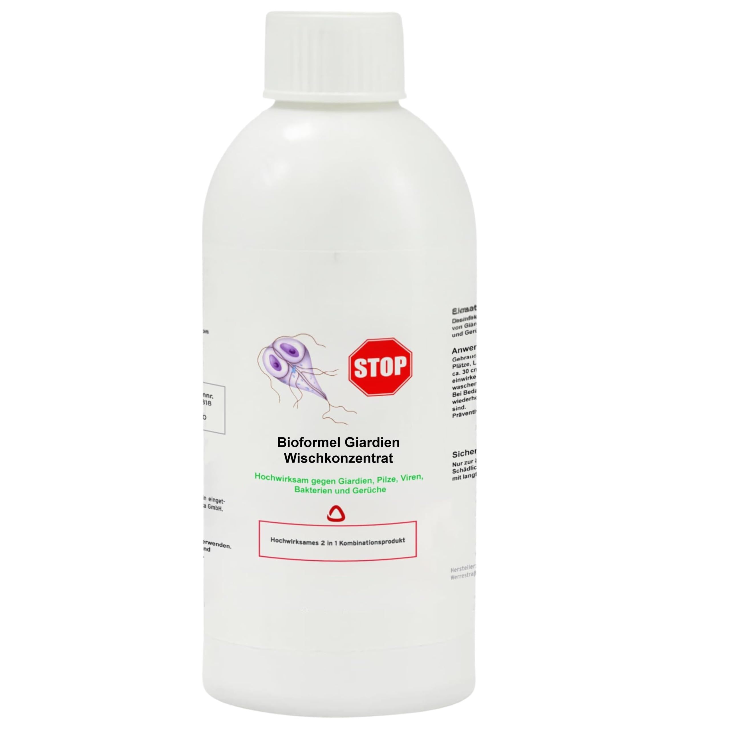Weiße Flasche mit Etikett. Text: Bioformel Giardien Wischkonzentrat. Text: Hochwirksames 2 in 1 Kombinationsprodukt.