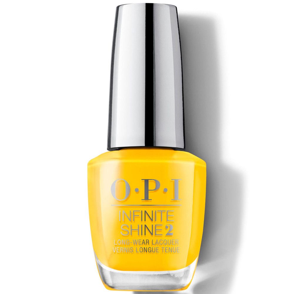 Gelber Nagellackflakon mit silberfarbenem Deckel. Aufschrift: OPI Infinite Shine 2.