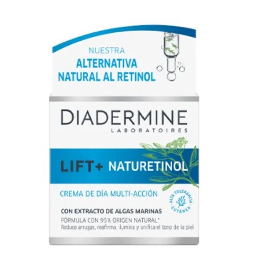 Diadermine Lift+ Naturetinol Tagescreme-Verpackung. Weißer Karton mit blauen und grünen Akzenten. Text: Diadermine, Lift+ Naturetinol, Creme de Día Multi-Acción.