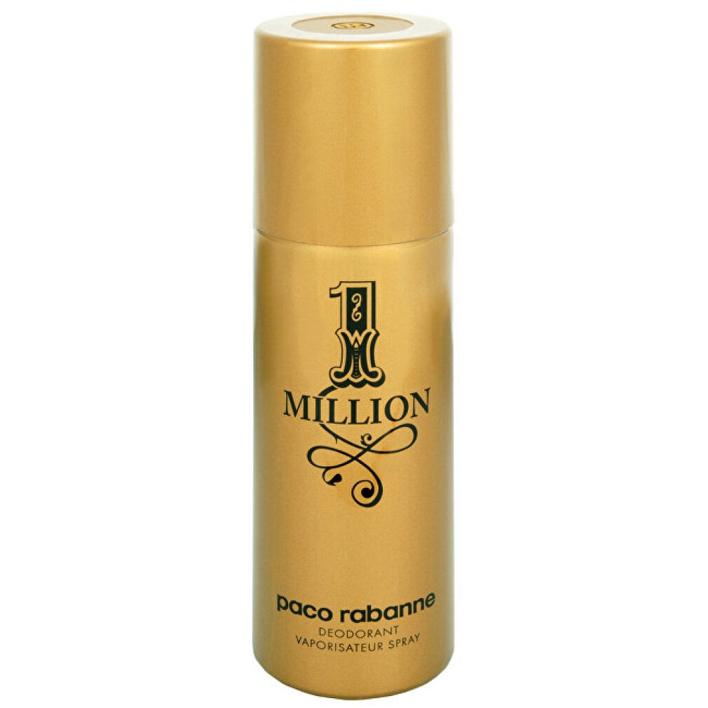 Goldfarbene Deodorant-Spraydose. Aufschrift: 1 Million, Paco Rabanne. Zylinderform mit Sprühkopf.
