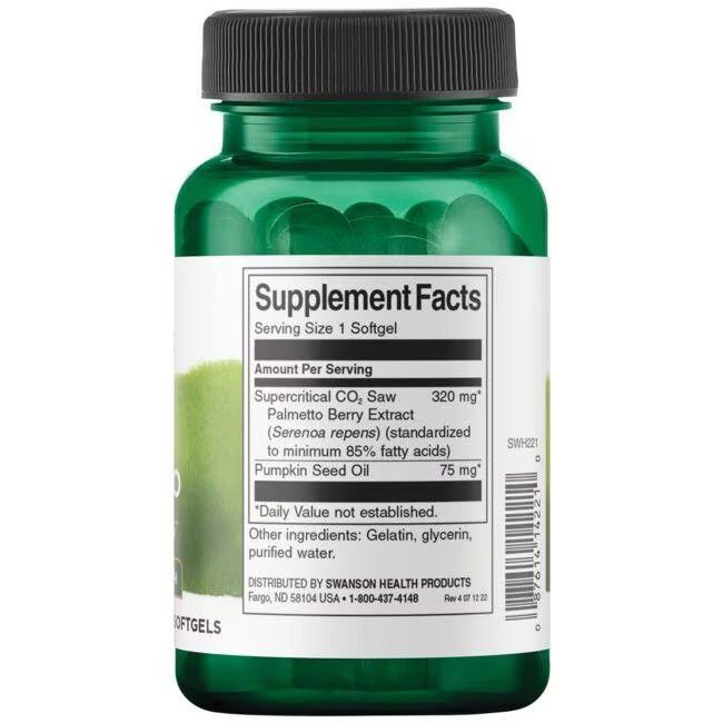 Rückseite der grünen Flasche. Aufschrift: Supplement Facts, 320 mg Sägepalmenextrakt, 75 mg Kürbiskernöl.
