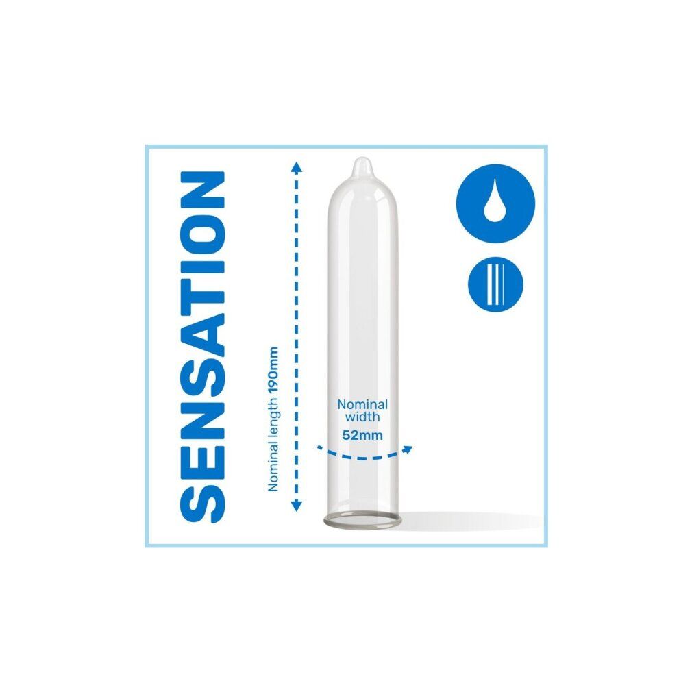 Grafische Darstellung eines Kondoms. Beschriftung: Sensation. Maße: 190mm Länge, 52mm Breite.