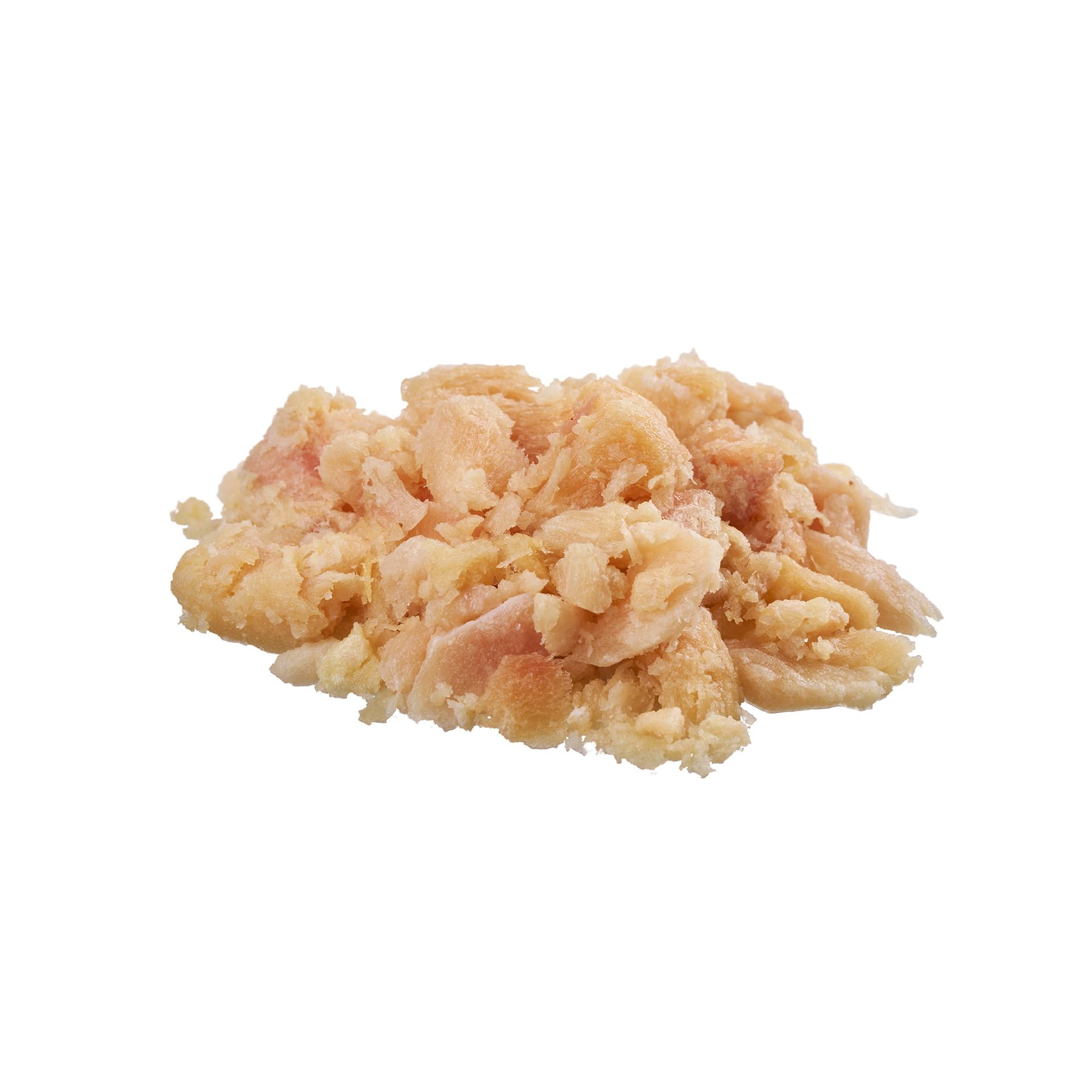 Ein Haufen zerkleinertes, gekochtes Hühnerfleisch.