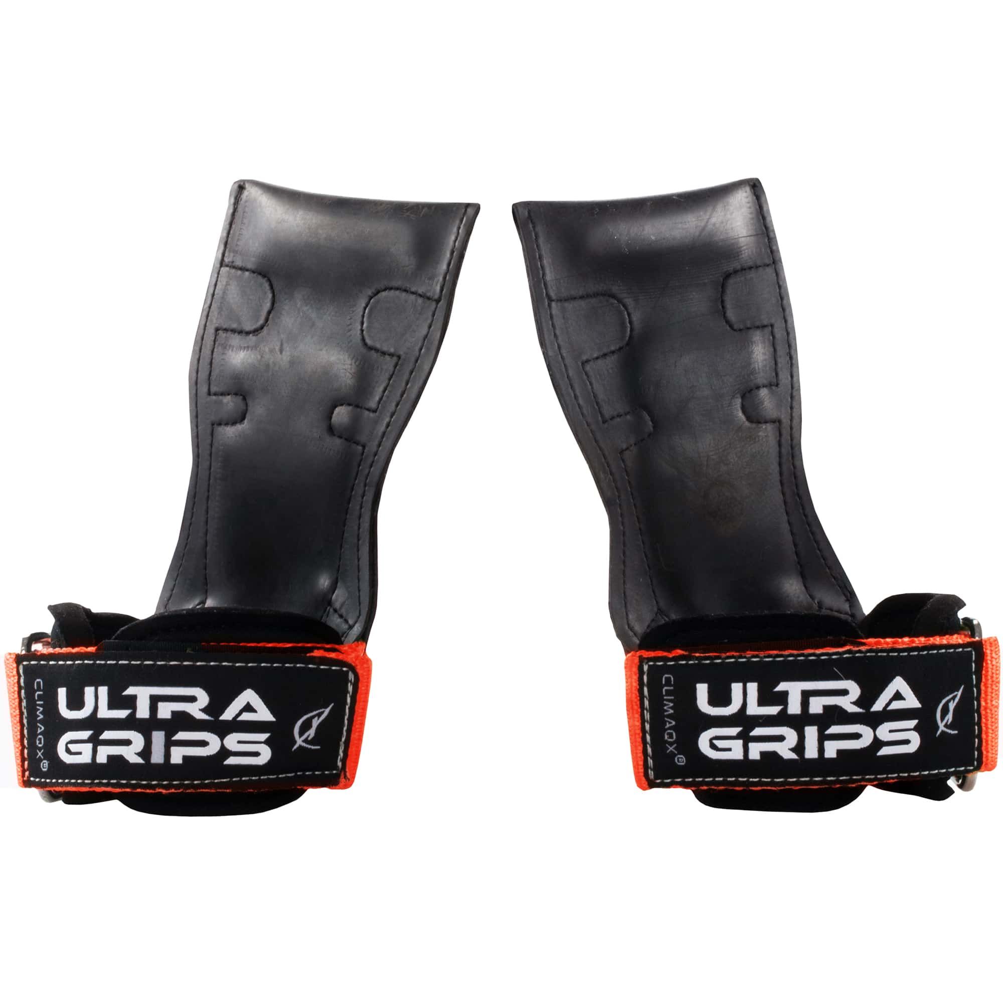 Zwei schwarze Ultra Grips mit orangefarbenen Akzenten. Auf den Bändern steht "ULTRA GRIPS".