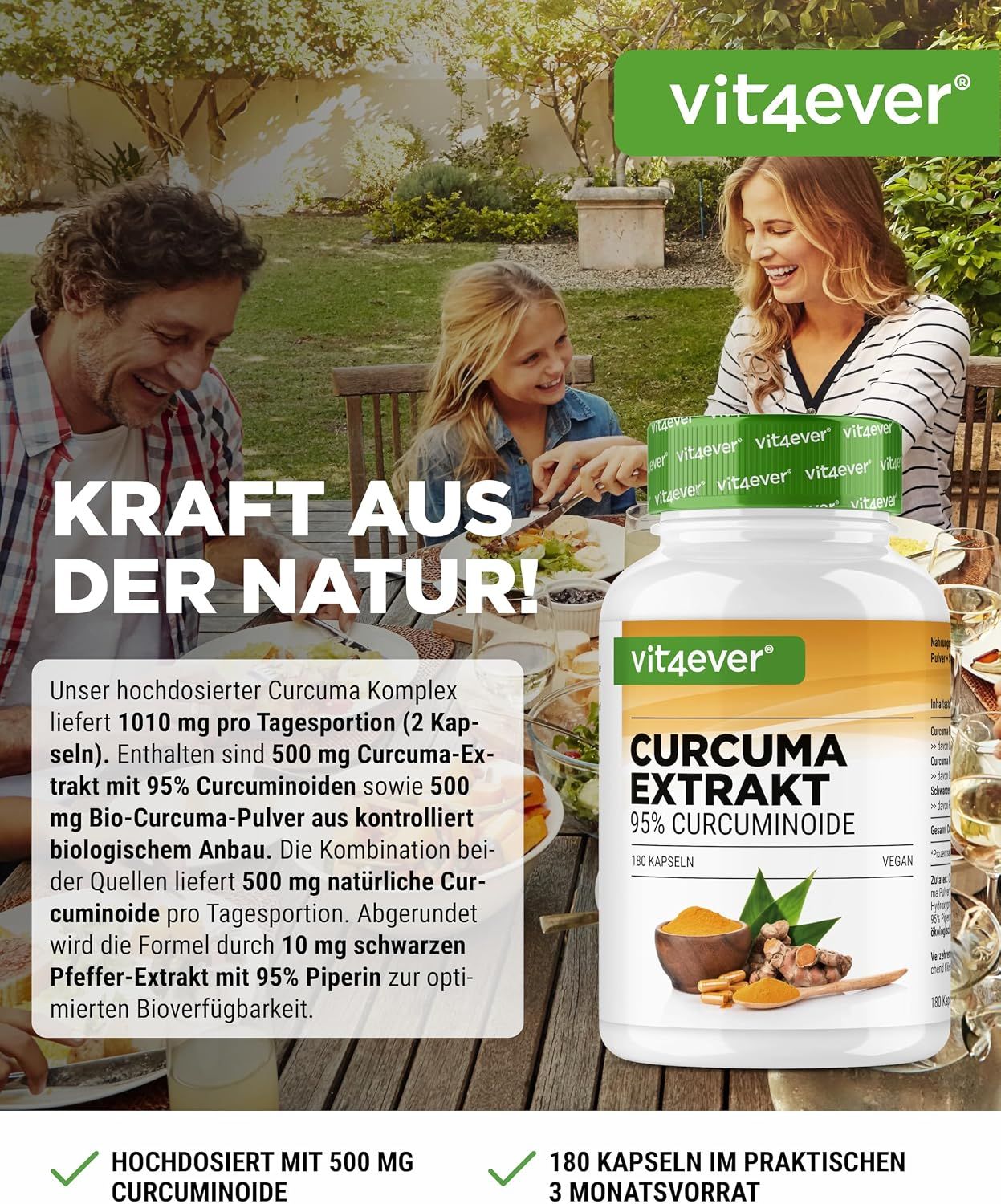 Vit4ever Curcuma Extrakt Dose neben einer Familie im Freien. Text: Kraft aus der Natur!