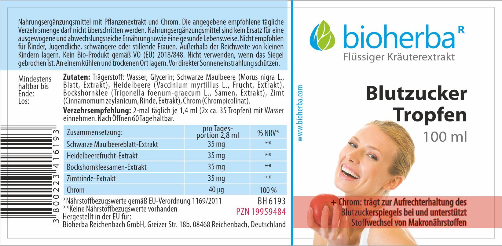 Etikett einer Flasche mit Produktinformationen. Aufschrift: Bioherba, Blutzucker Tropfen. Inhaltsstoffe und Dosierung.