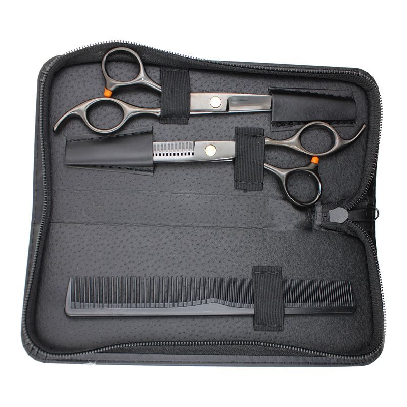 Friseurset mit zwei Scheren und einem Kamm in schwarzer Ledertasche.