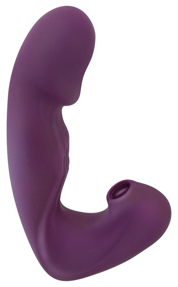 Lila Vibrator. Gebogene Form mit abgerundetem Kopf und Öffnung. Glatte Oberfläche.