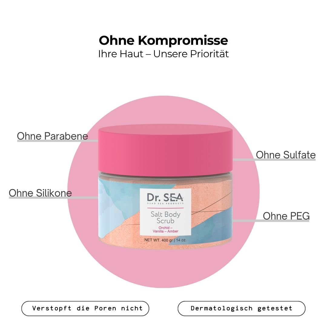 Produkt: Dr. SEA Salt Body Scrub. Text: Ohne Kompromisse. Ohne Parabene, Sulfate, Silikone, PEG. Dermatologisch getestet.