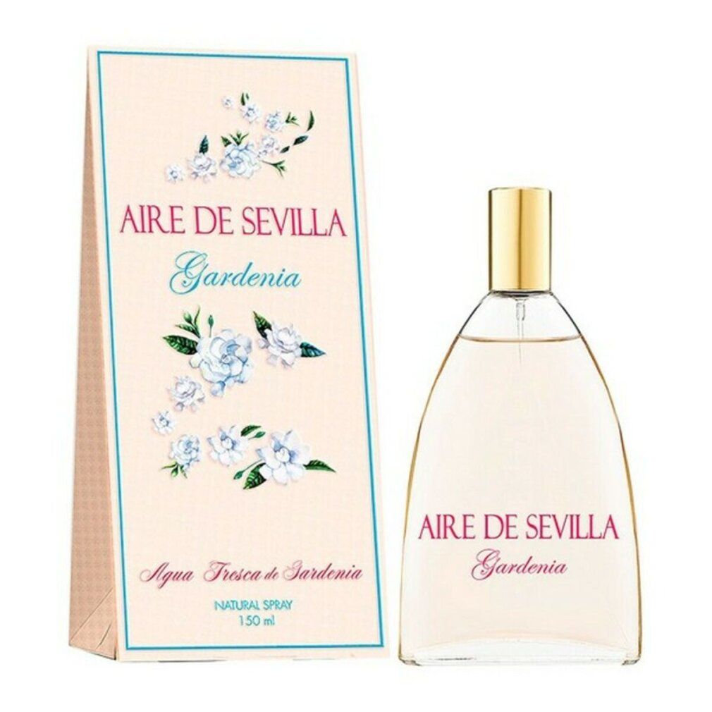 Parfümflasche mit goldfarbenem Verschluss und Karton. Aufschrift: Aire de Sevilla Gardenia. Karton mit Blumenmuster.