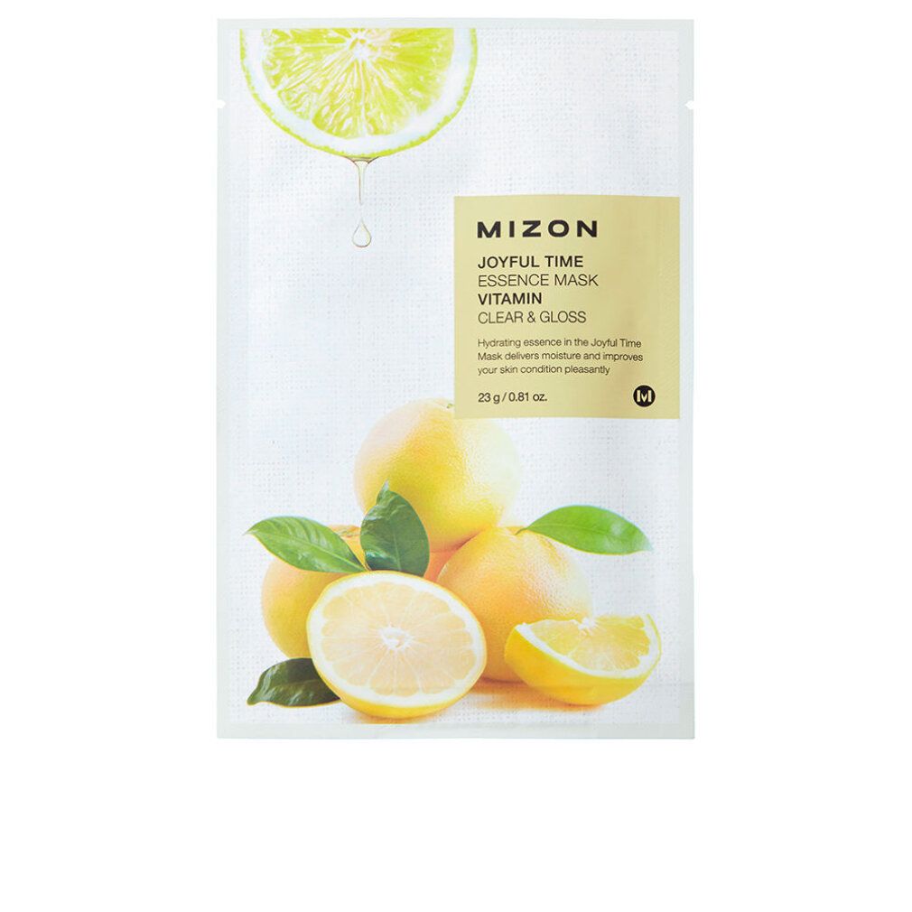 Gesichtsmaske mit Zitrusfrüchten und Blättern. Verpackung mit Produktinformationen. Marke Mizon. Aufschrift: Joyful Time Essence Mask Vitamin.
