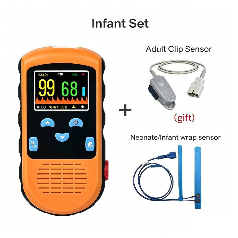 Orange Pulsoximeter mit Display, das 99% SpO2 und 68 PR anzeigt. Enthält einen Neugeborenen-/Kleinkind-Sensorsensor und einen Erwachsenen-Clip-Sensor.