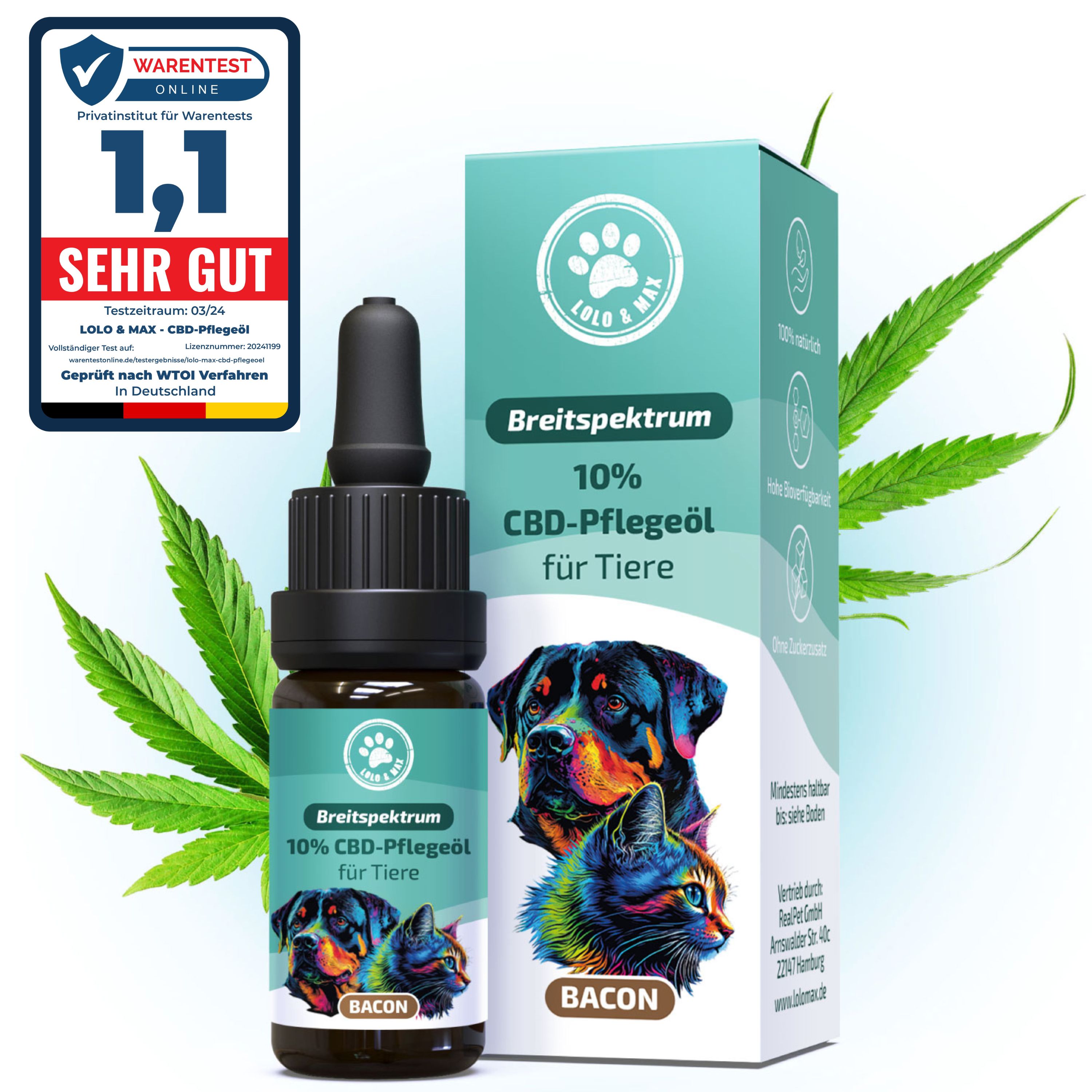 Braunglasflasche und Karton mit Produktaufdruck. Aufschrift: 10% CBD-Pflegeöl für Tiere. Logo: Pfote. Zertifizierung: Sehr gut.