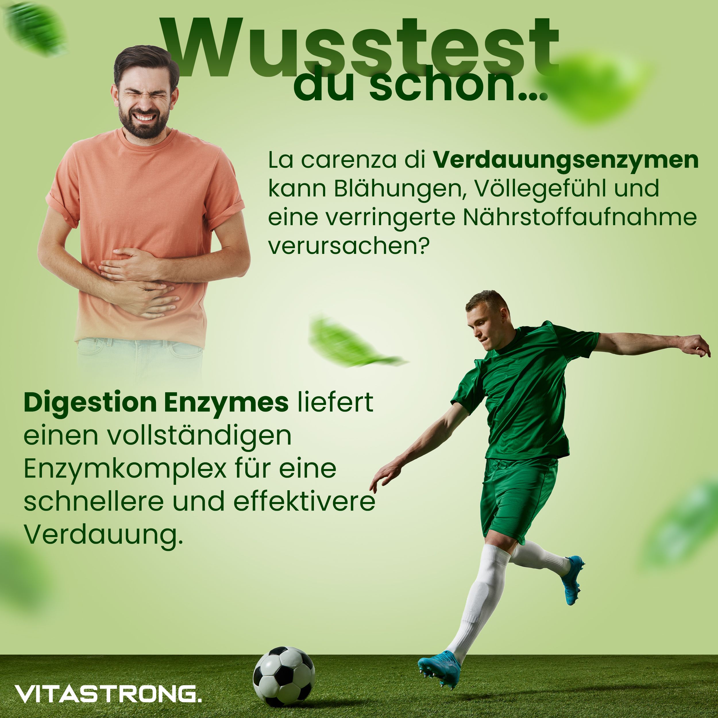 Vitastrong Digestion Enzymes. Produktverpackung mit 60 Tabletten. Enthält Informationen in verschiedenen Sprachen.